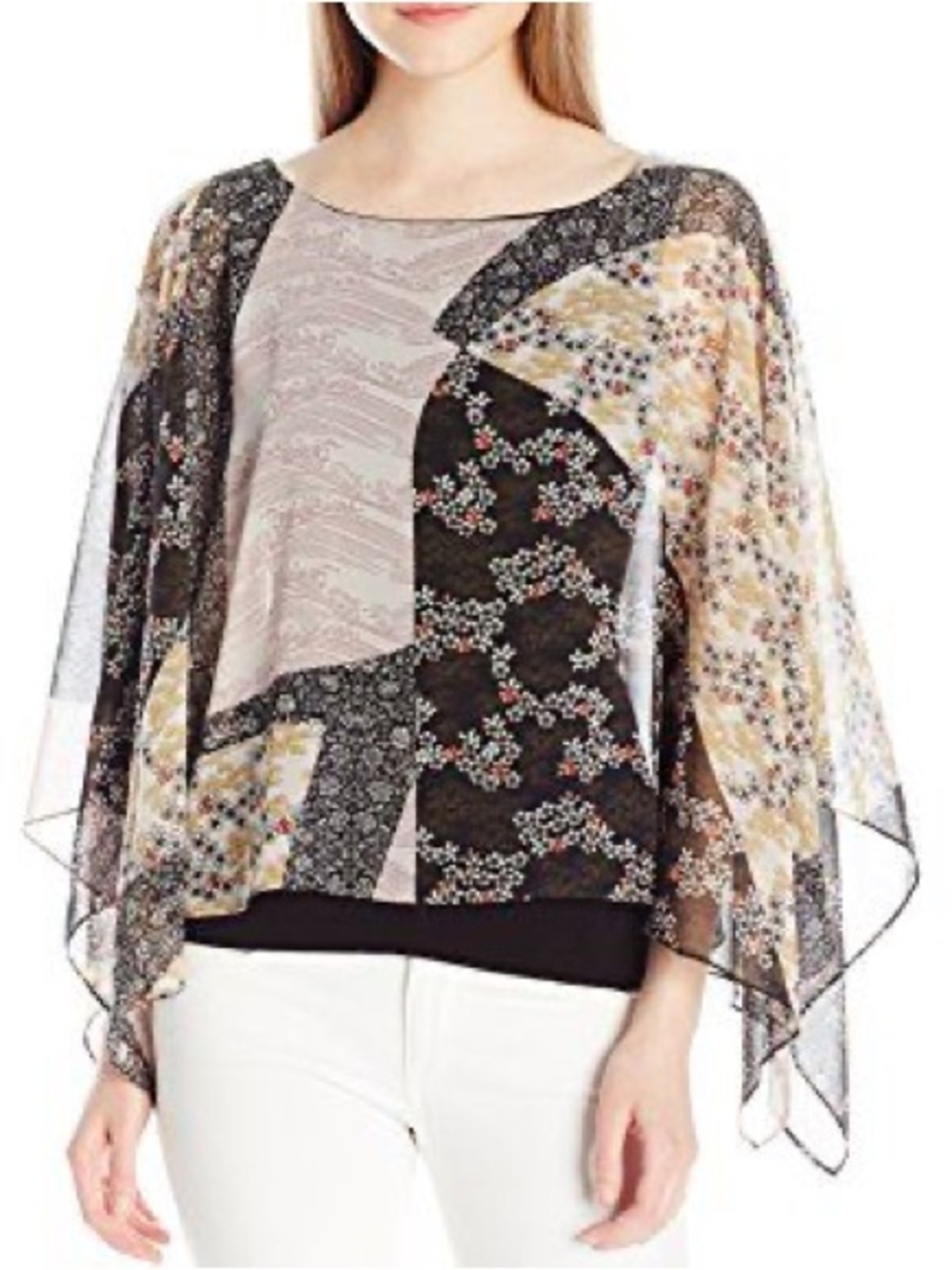 Anthropologie Bailey 44 Mixed Print Blouse Sheer Floral Patchwork Poncho Top